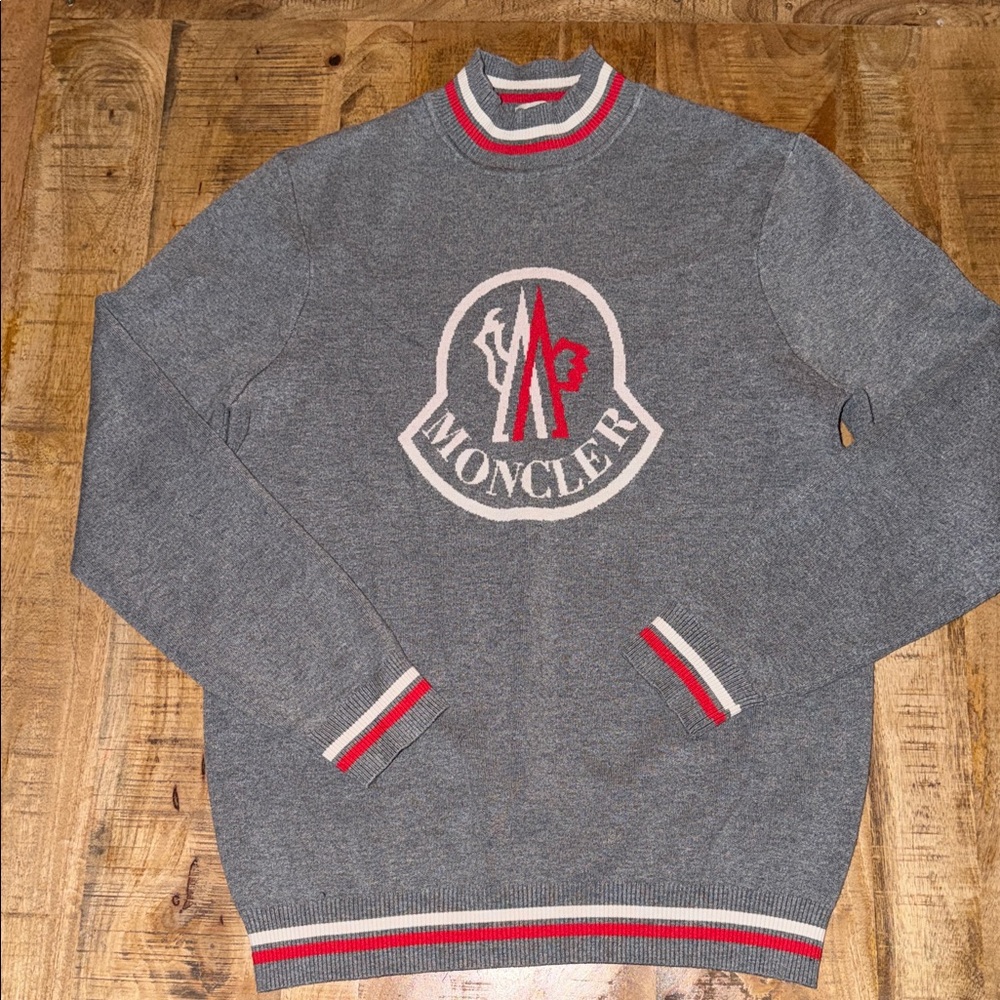 Moncler Gray Crewneck Sweater with Red and White Details
